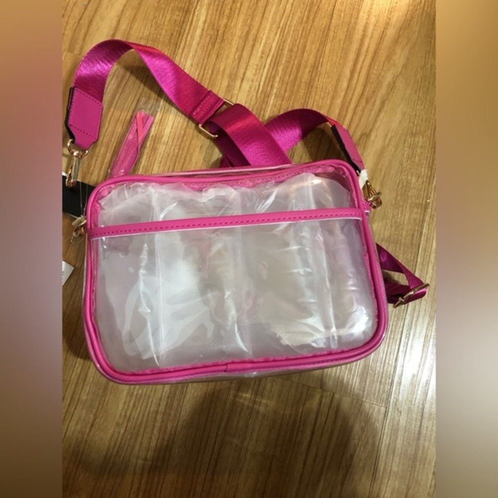 Pink piping trim Clear transparent crossbody‎ camera bag wide adjustable bag